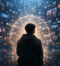 Silhouette of a person surrounded by glowing digital data particles, representing AI-assisted writing