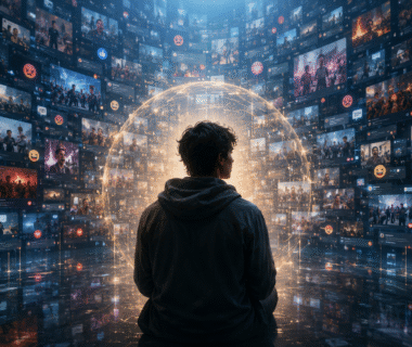 Silhouette of a person surrounded by glowing digital data particles, representing AI-assisted writing